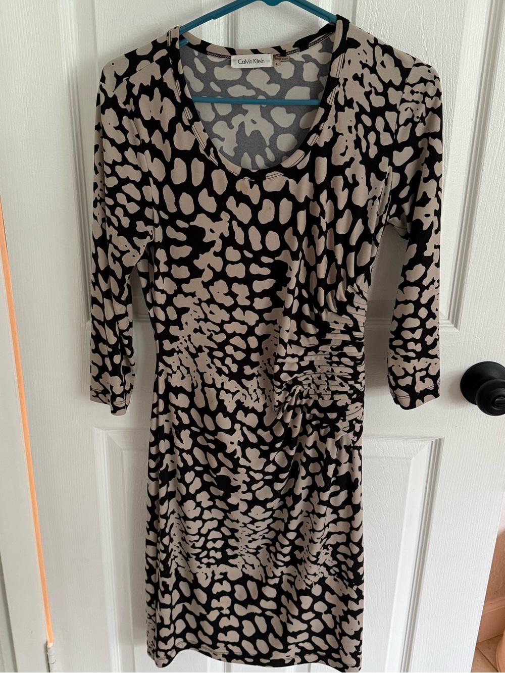 Calvin Klein Black and Beige Animal-Print Midi Dress